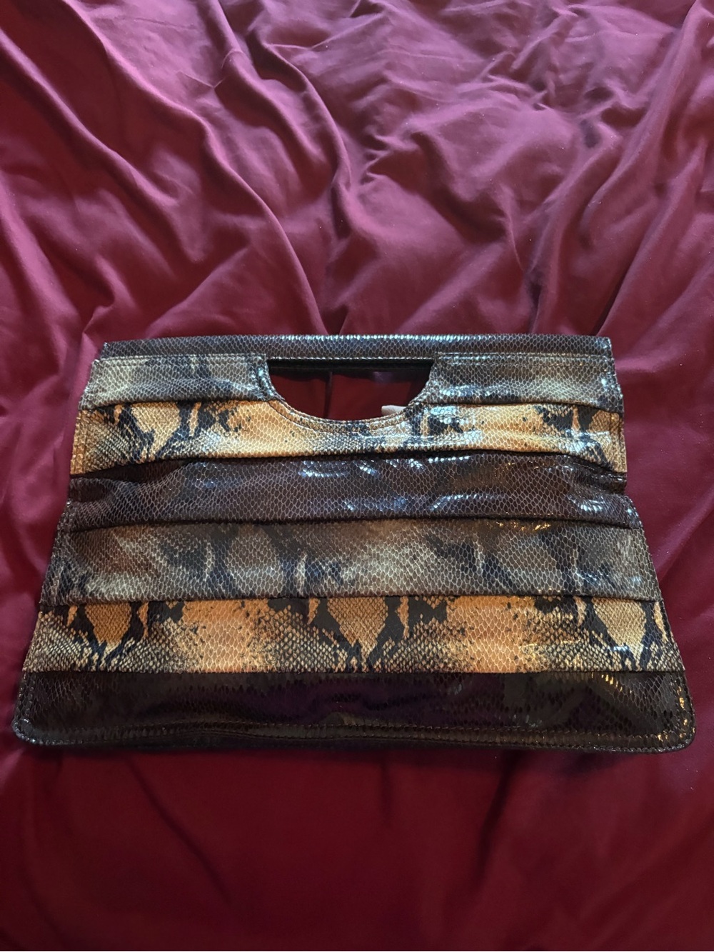 Nine West Snake-Print Foldover Clutch in Brown and Black